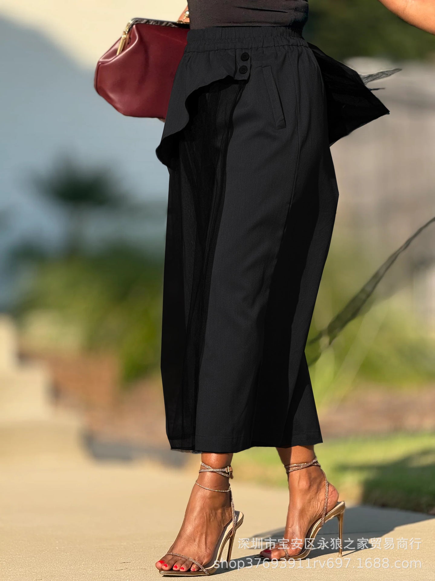 Wide-Leg Skirt with Ruffled Accents