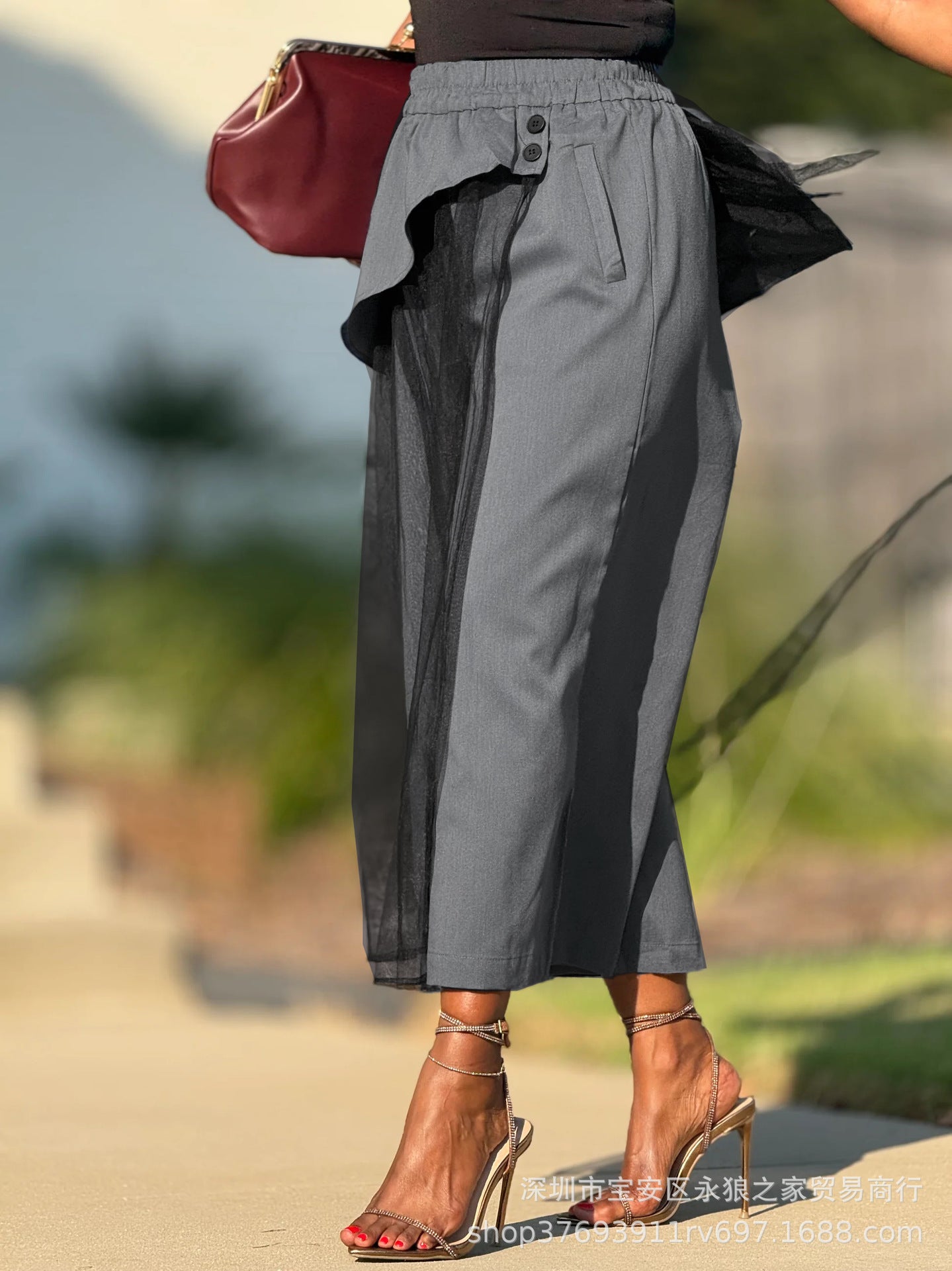 Wide-Leg Skirt with Ruffled Accents