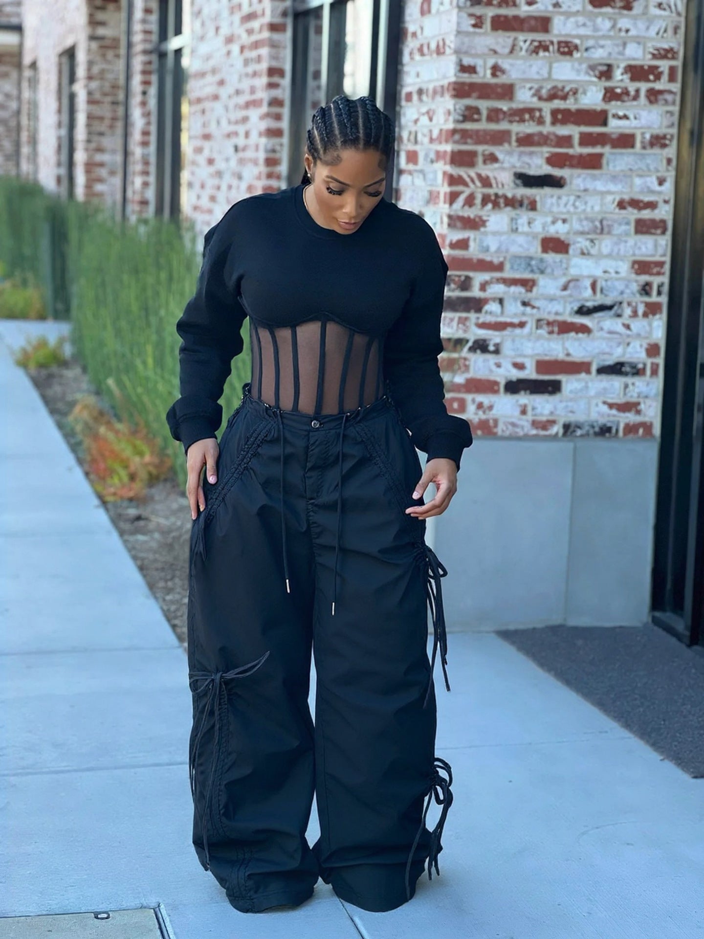 Drawstring Cargo Wide-Leg Pants
