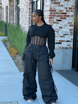 Drawstring Cargo Wide-Leg Pants