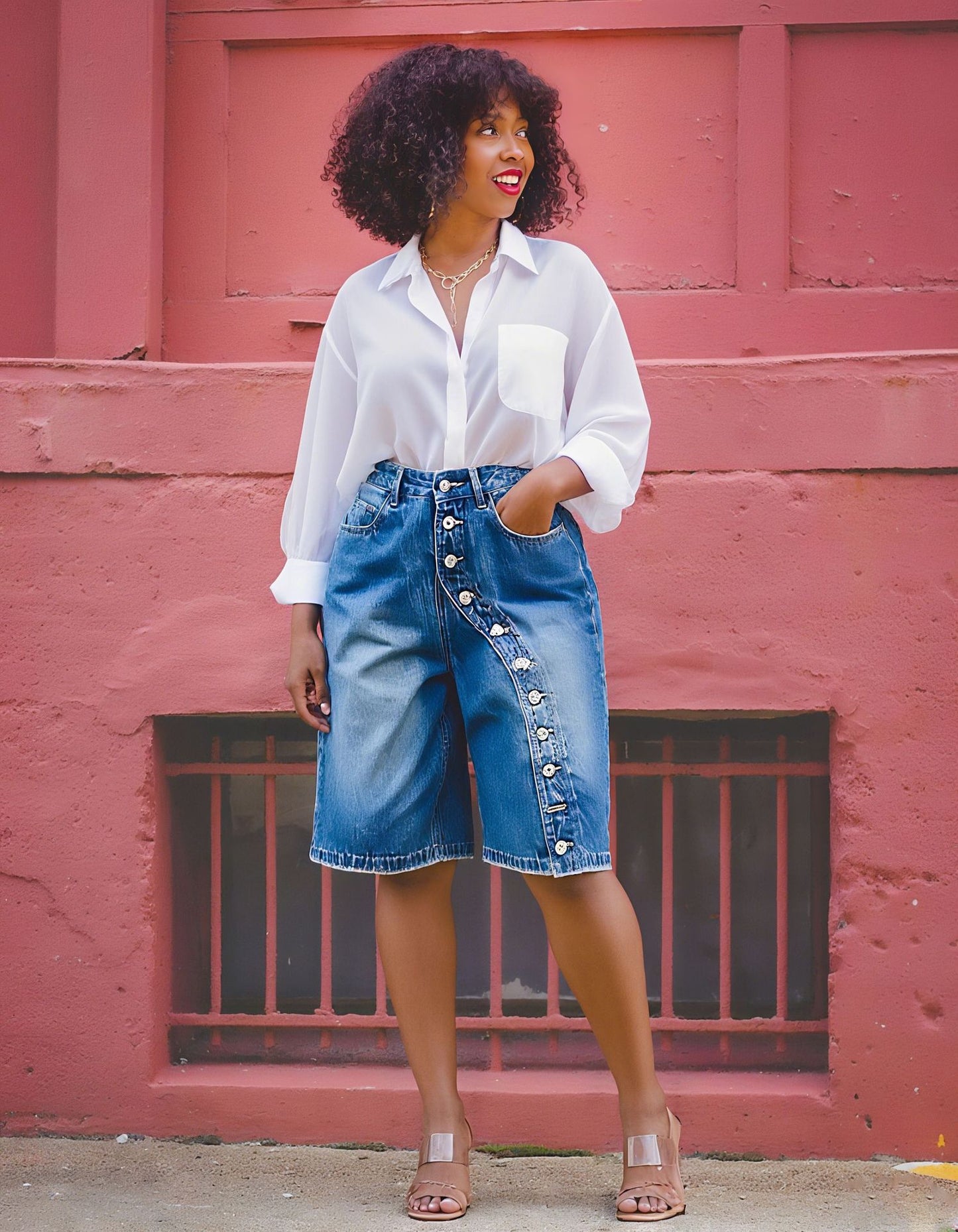 Casual Denim Button-Front Short