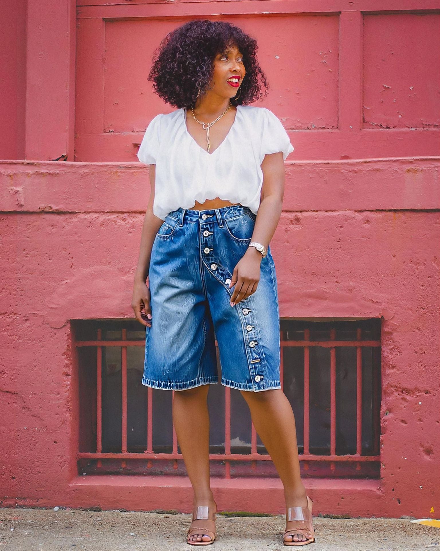 Casual Denim Button-Front Short