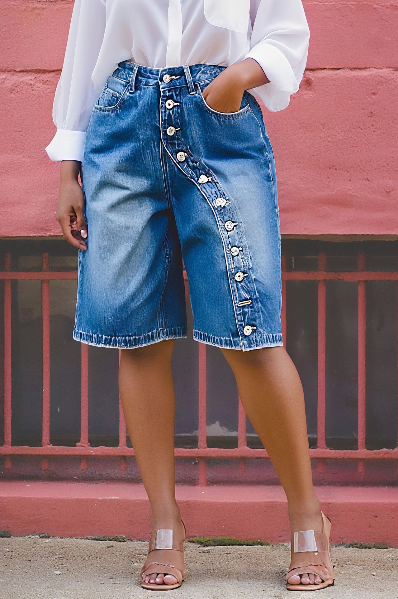 Casual Denim Button-Front Short