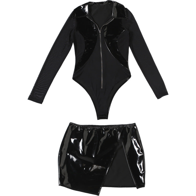 Mesh Zip-Up Bodysuit with  Patent Skirt
