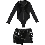 Mesh Zip-Up Bodysuit with  Patent Skirt