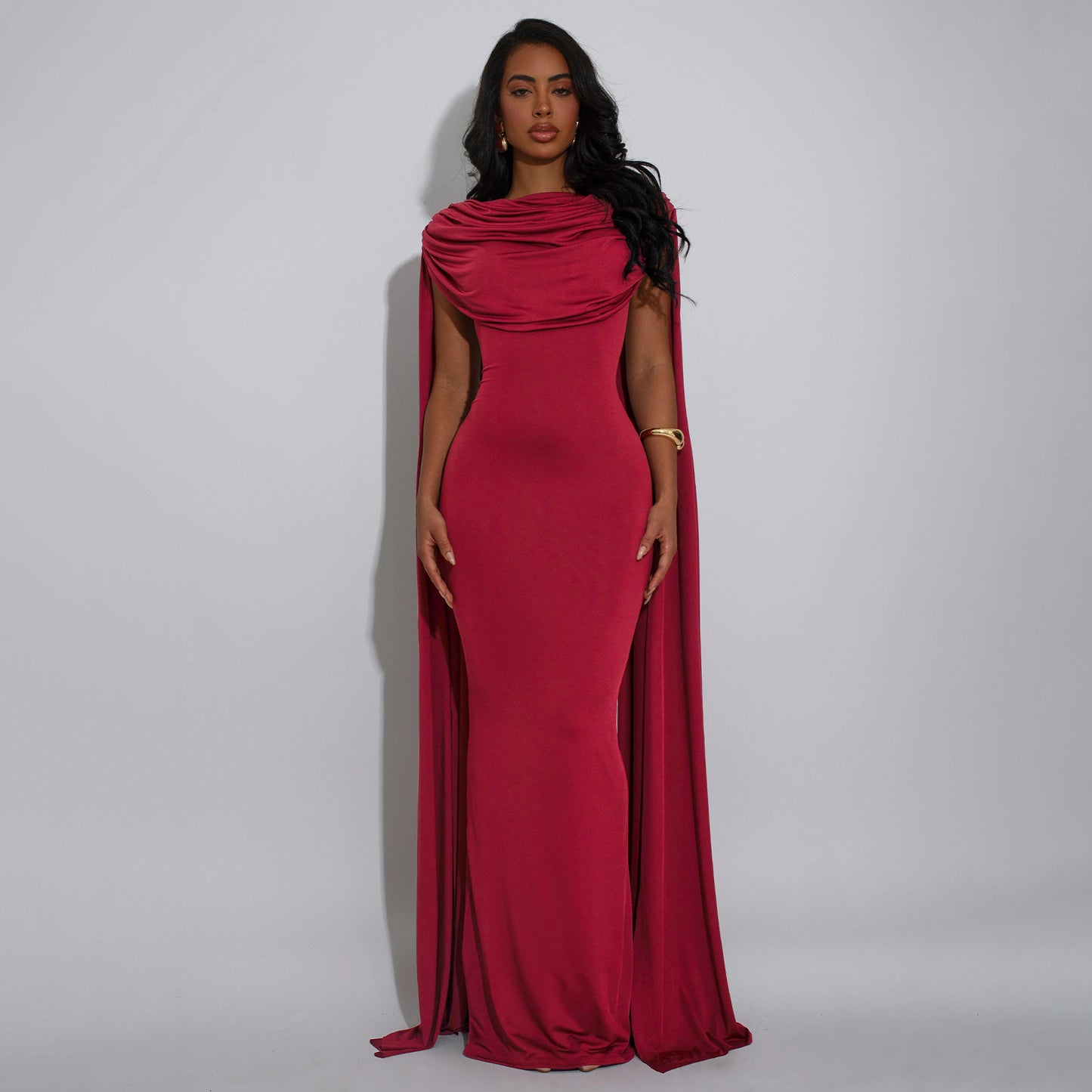 Red Draped Cape Dress