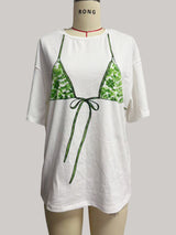 Graphic T-Shirt with Green Leaf Bikini Print