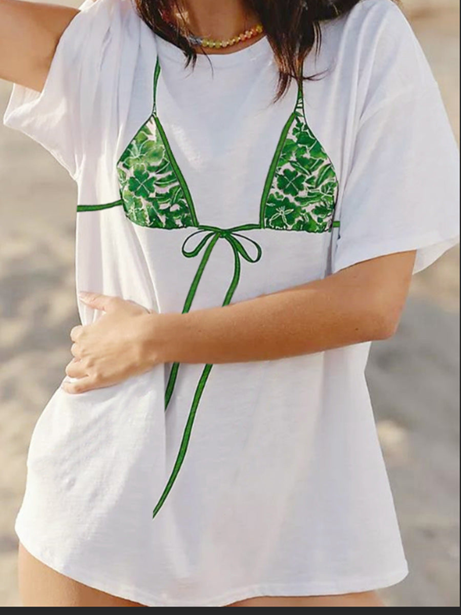 Graphic T-Shirt with Green Leaf Bikini Print