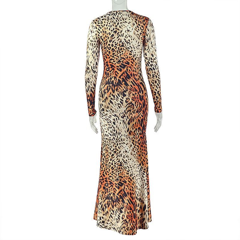 Leopard Print Long Sleeve Maxi Dress