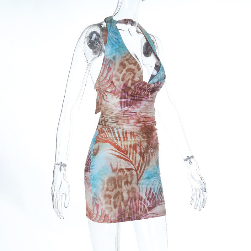 Tropical Tie-Dye Halter Mini Dress