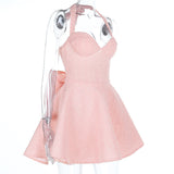 Sparkling Halter Neck Mini Dress with Flared Skirt