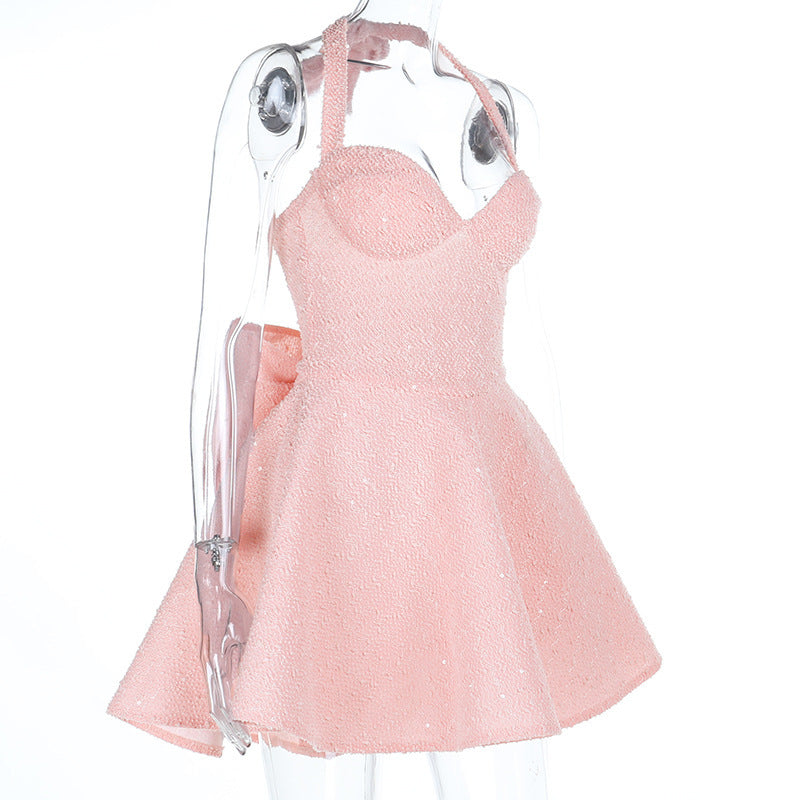 Sparkling Halter Neck Mini Dress with Flared Skirt