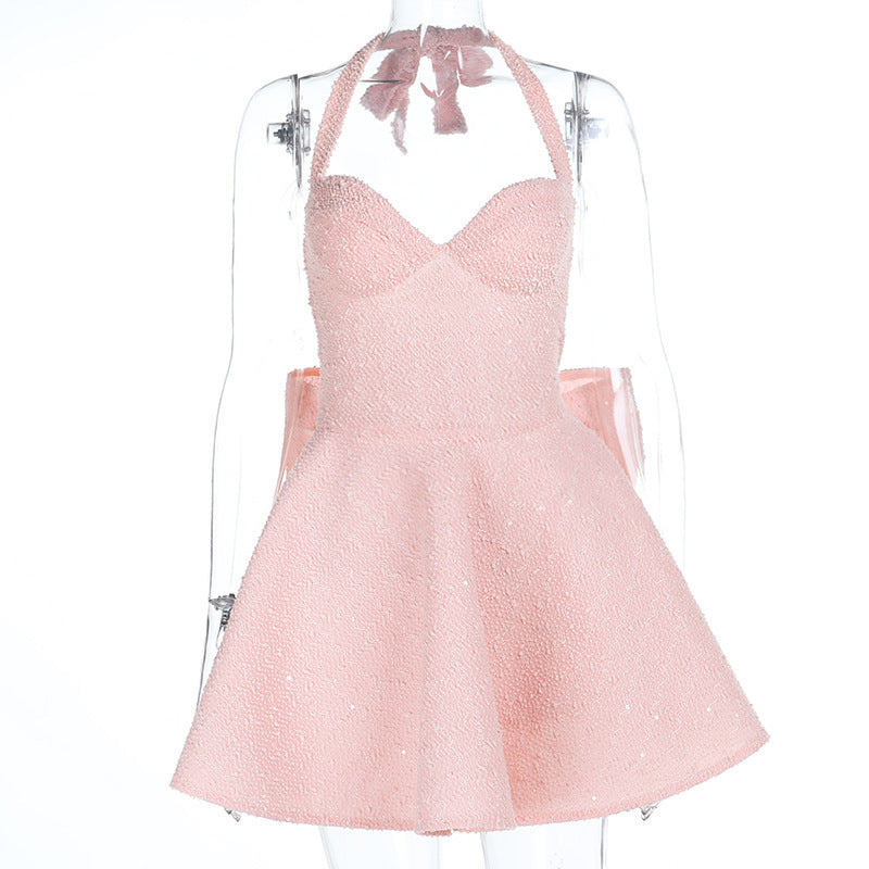 Sparkling Halter Neck Mini Dress with Flared Skirt