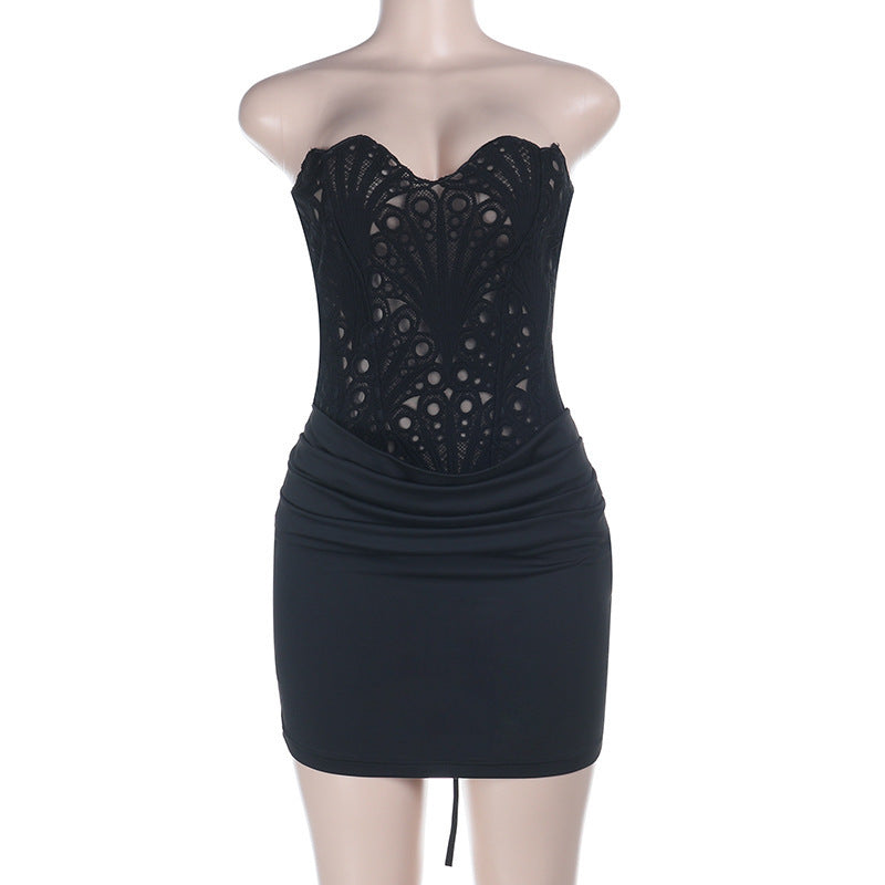 Black Lace Strapless Bodycon Dress