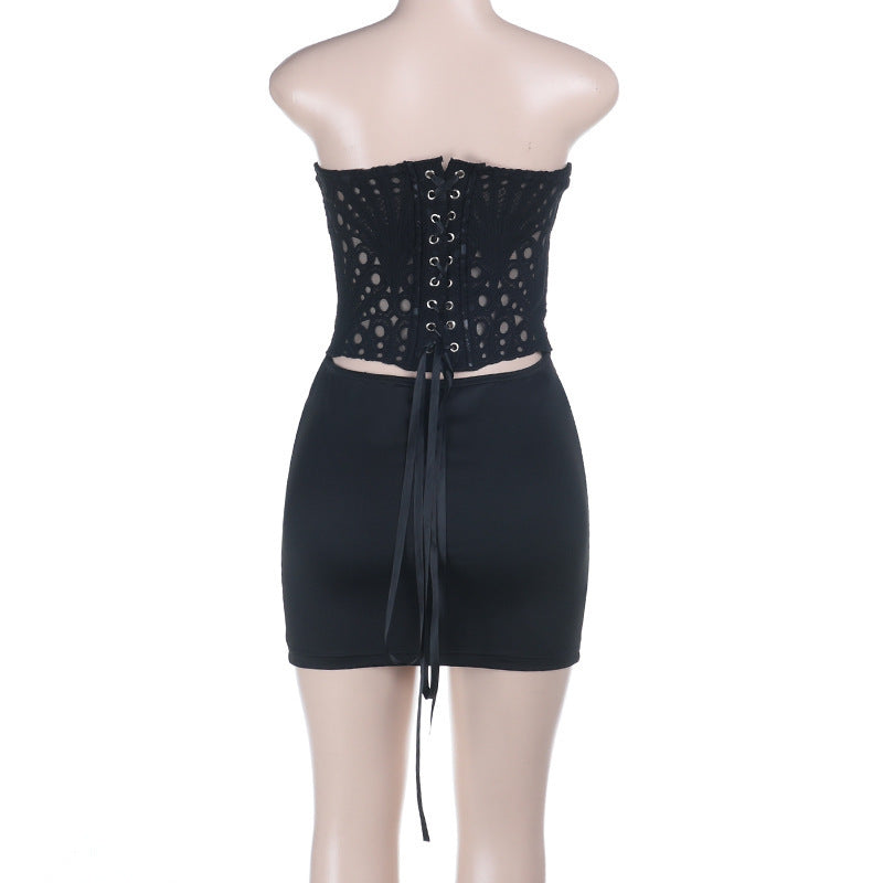 Black Lace Strapless Bodycon Dress