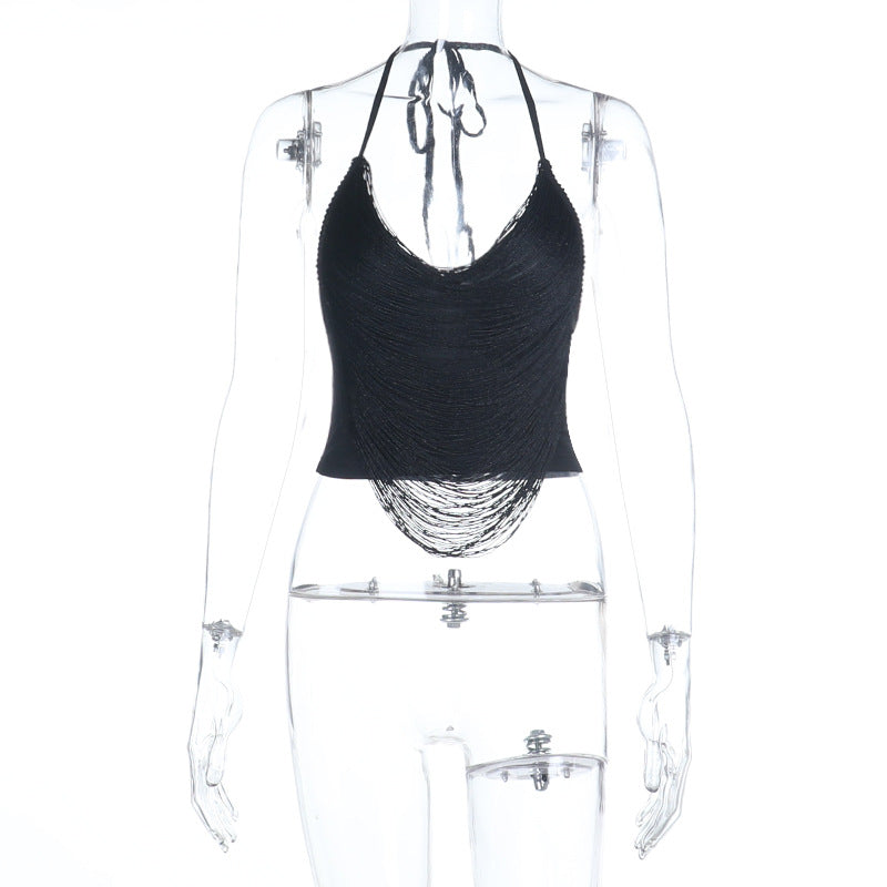 Black String-Cut Bodycon Top