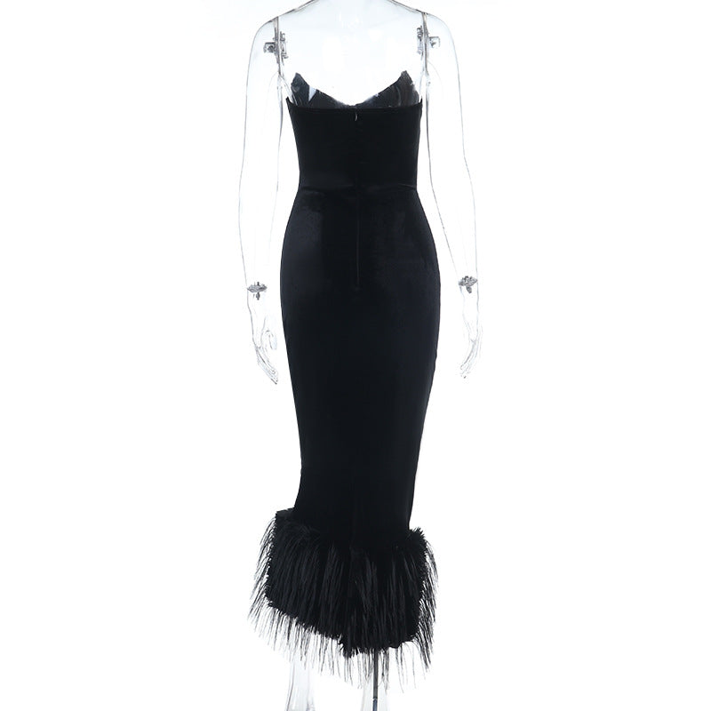 Black Evening Gown with Feathered Hem