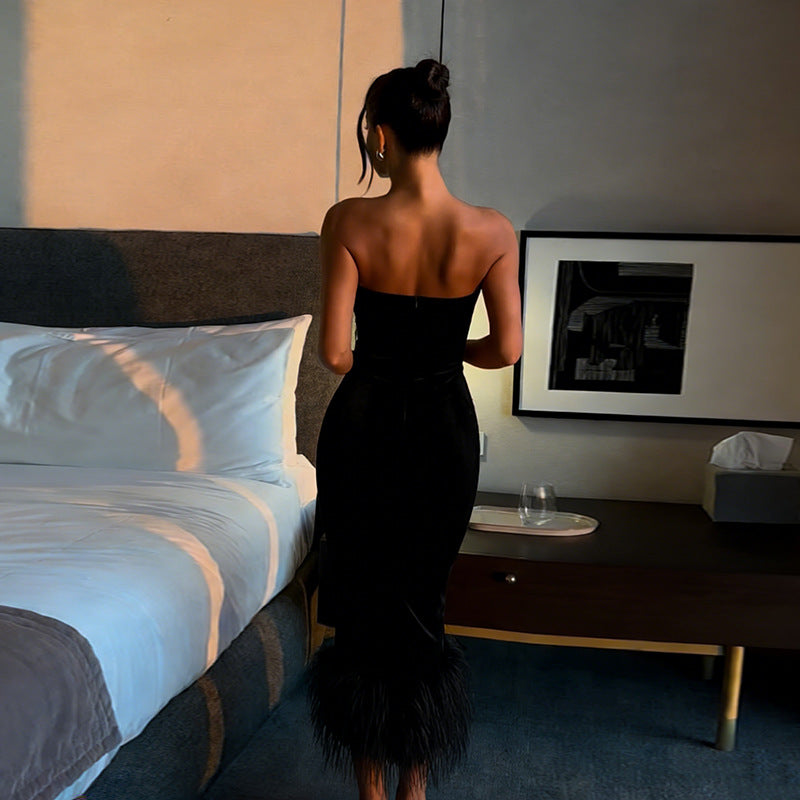 Black Evening Gown with Feathered Hem
