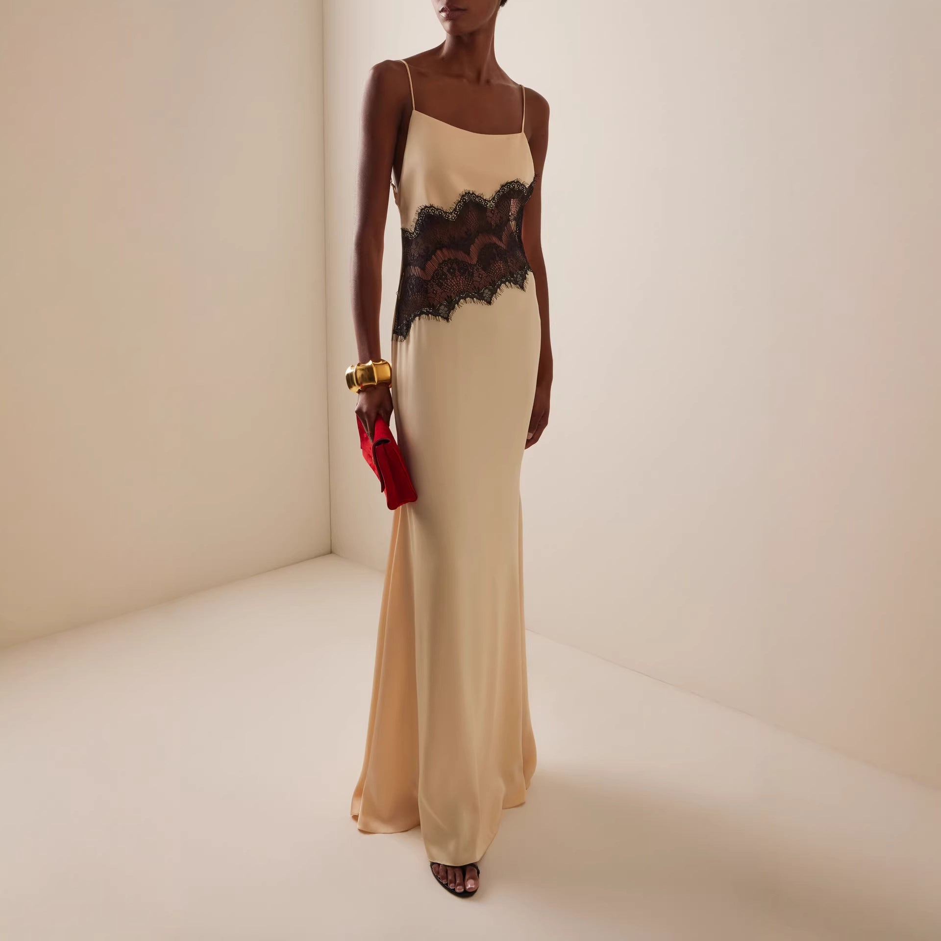 Evening Gown with Black Lace Detailing