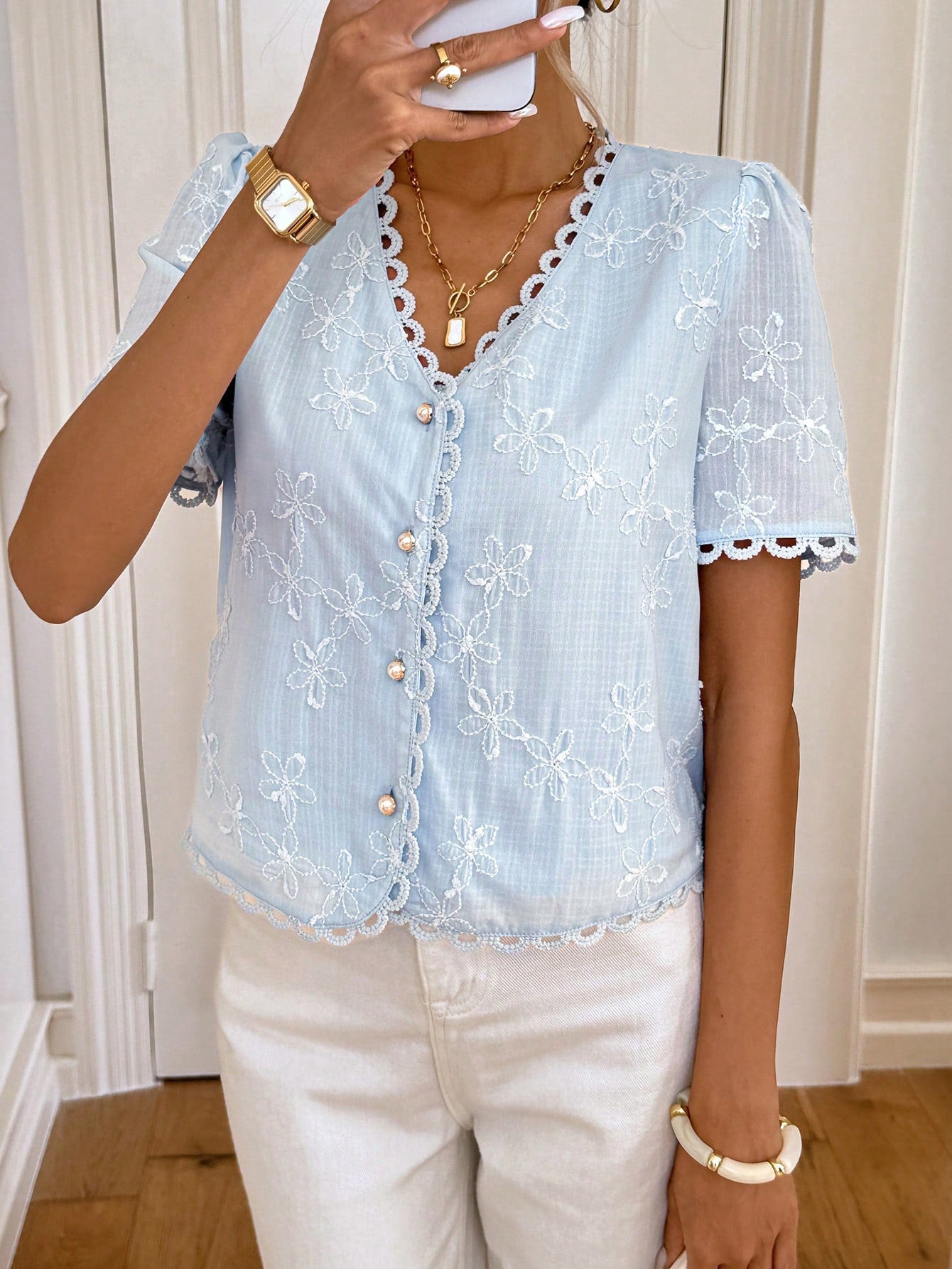 Embroidered Button-Down Blouse