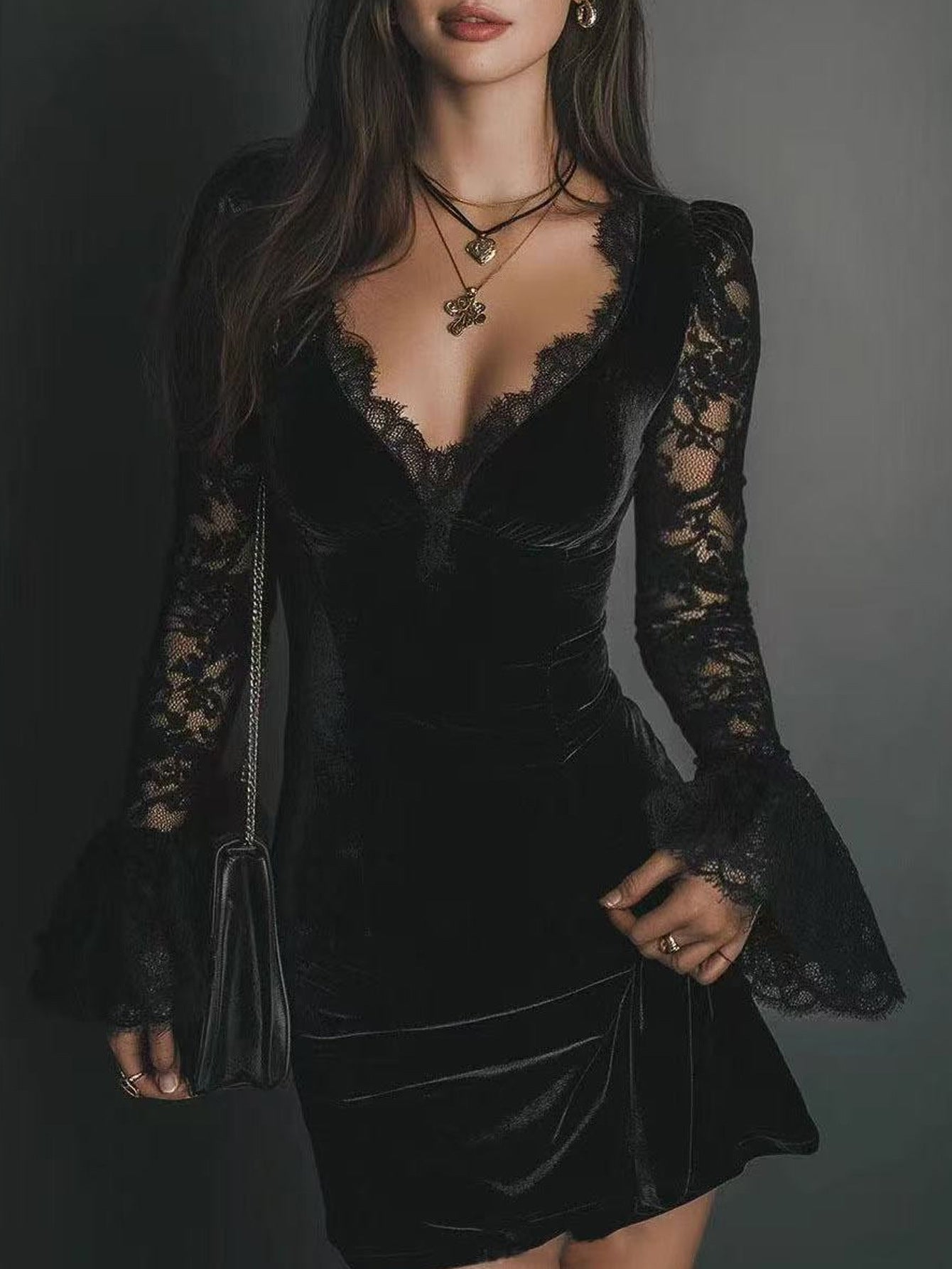 Black Lace V-Neck Dress