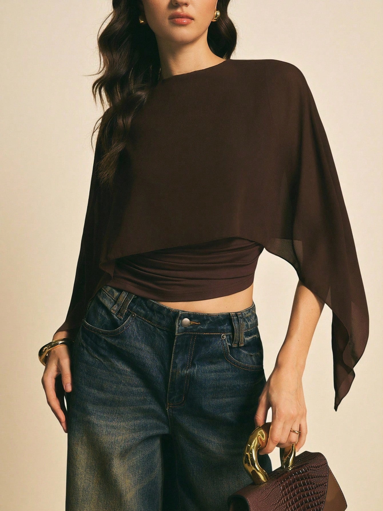 Sheer Cape-Style Top with Ruched Waist