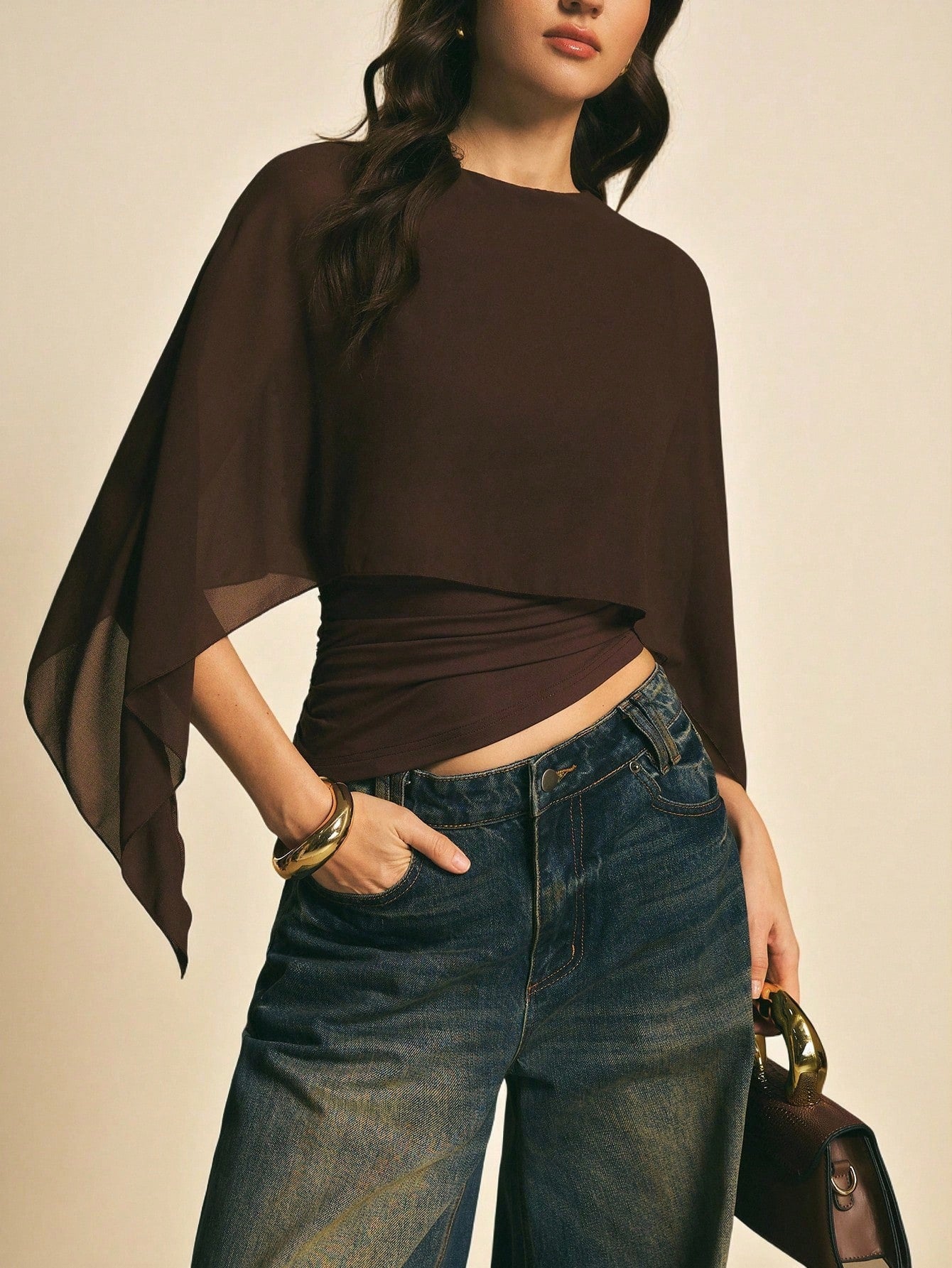 Sheer Cape-Style Top with Ruched Waist