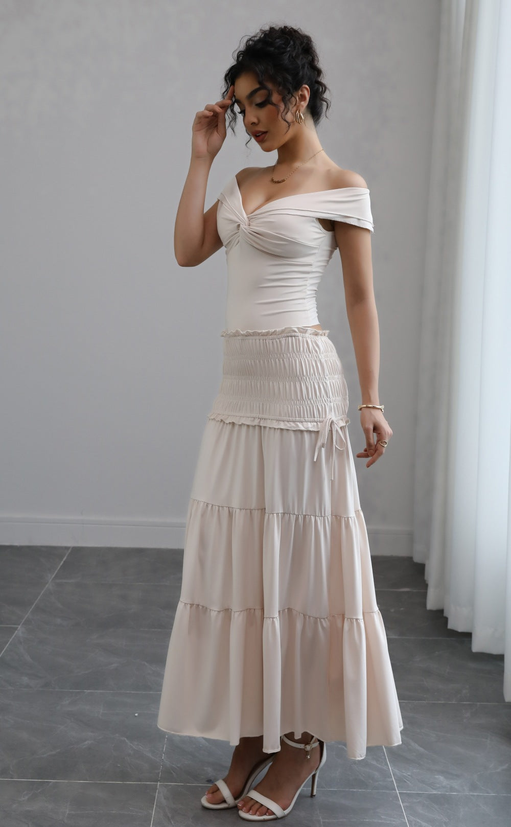 Off-Shoulder Top with Tiered Maxi Skirt
