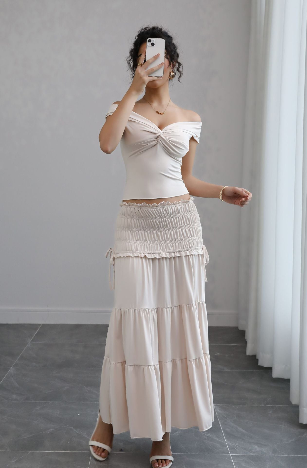 Off-Shoulder Top with Tiered Maxi Skirt