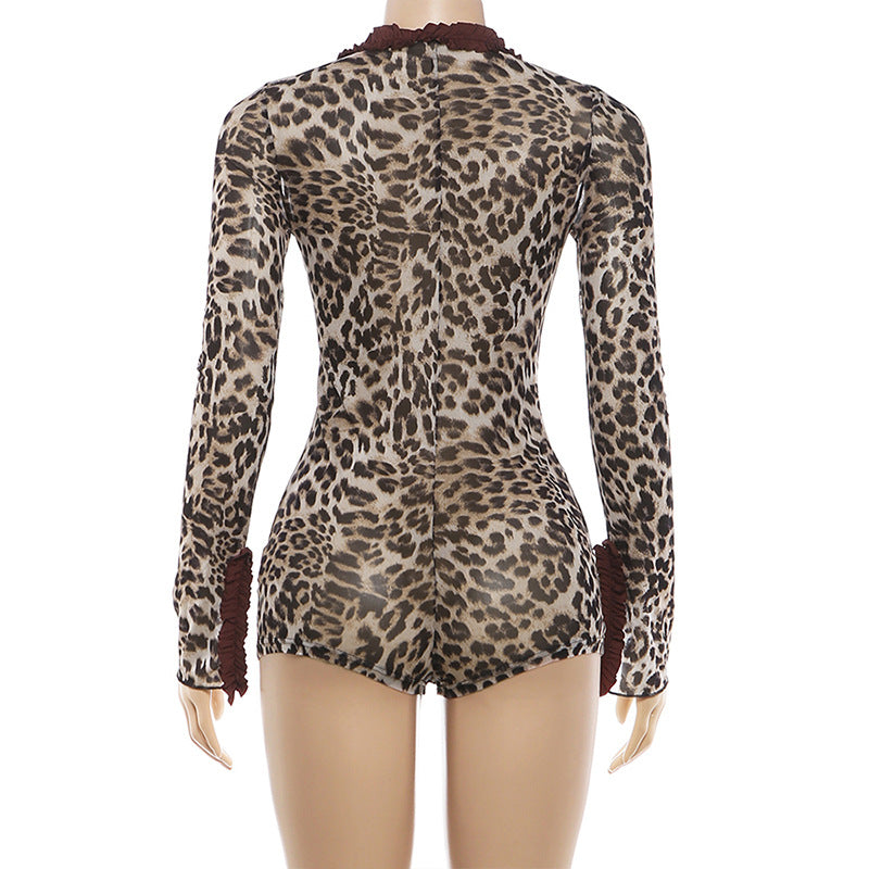 Ruffled Trim Leopard Print Jumpsuit