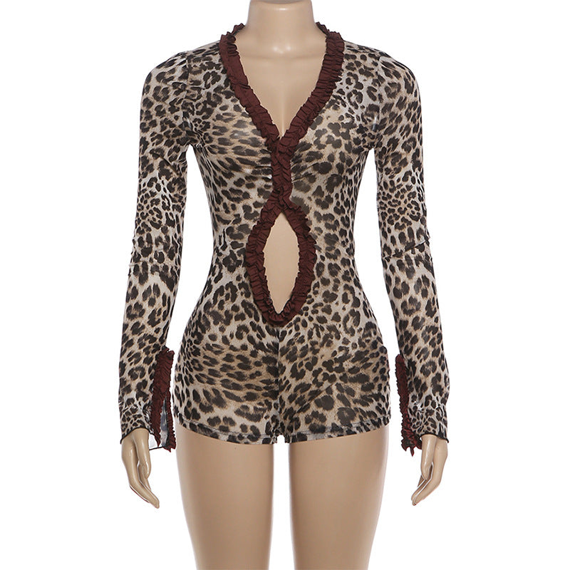 Ruffled Trim Leopard Print Jumpsuit