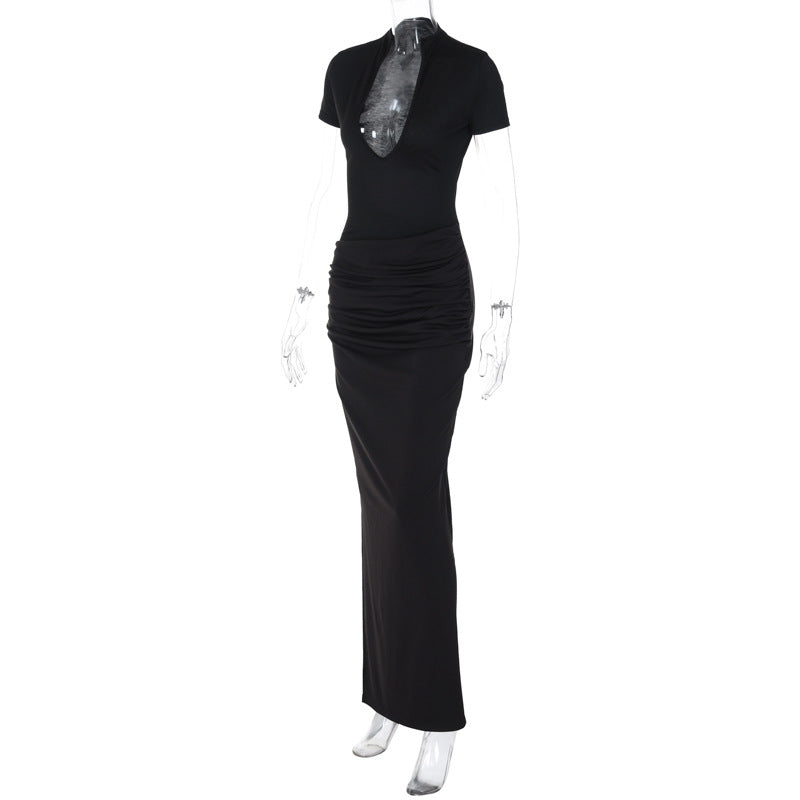 Deep-V Maxi Dress with Ruffled Sleeves