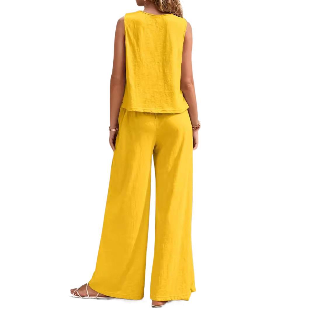 Yellow Sleeveless Wide-Leg Lounge Set