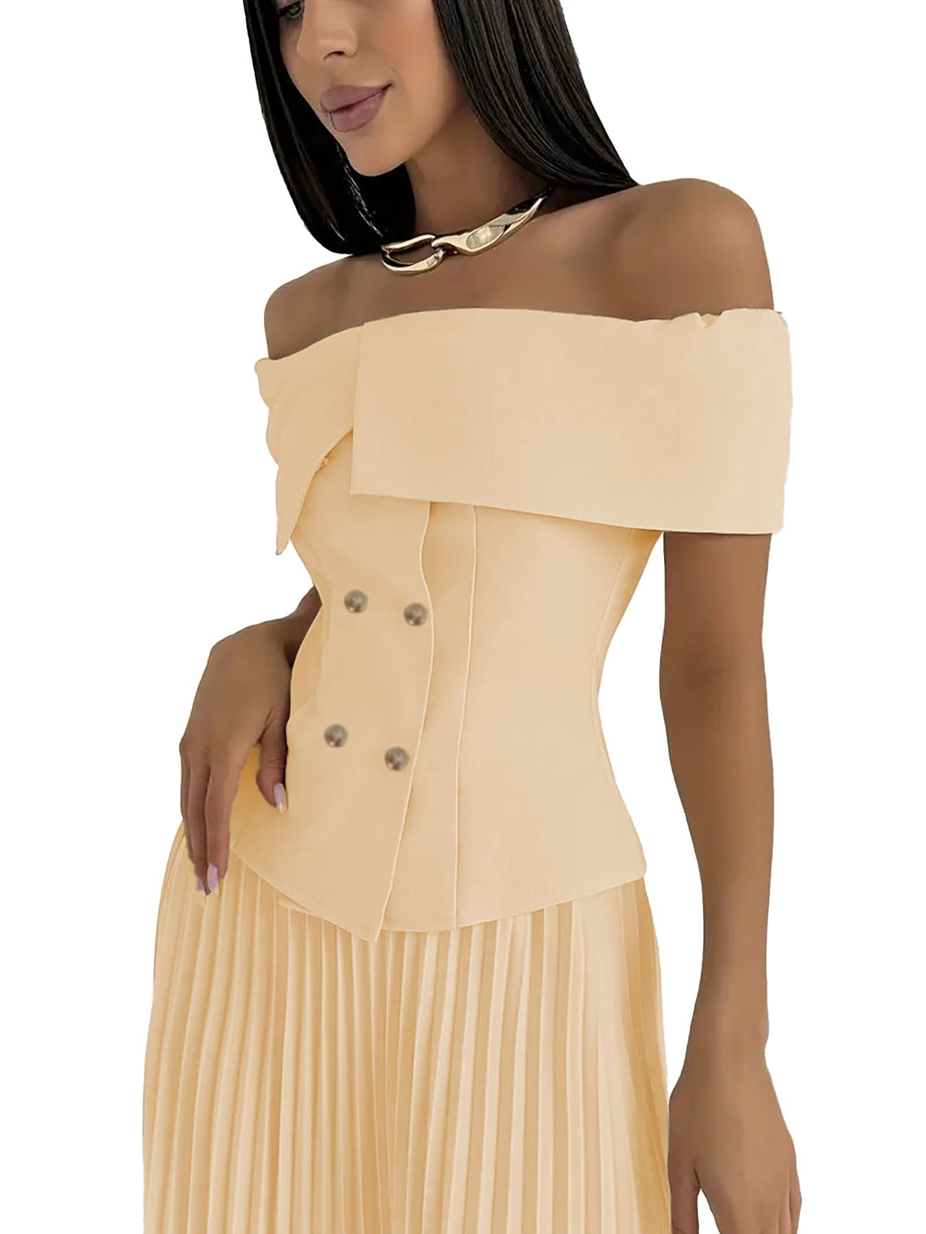 Pleated Maxi Skirt with Off-Shoulder Top