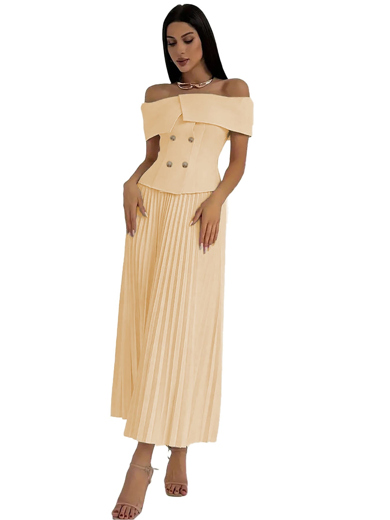 Pleated Maxi Skirt with Off-Shoulder Top