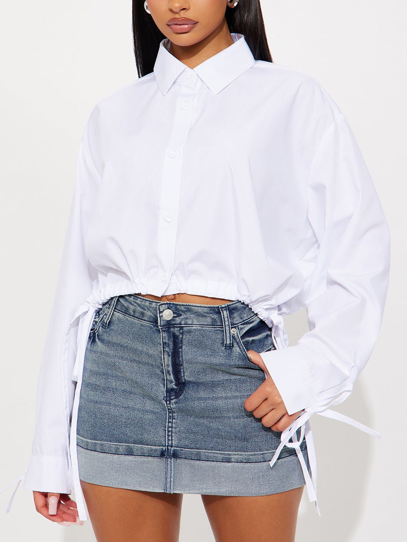 Casual White Drawstring Hem Shirt