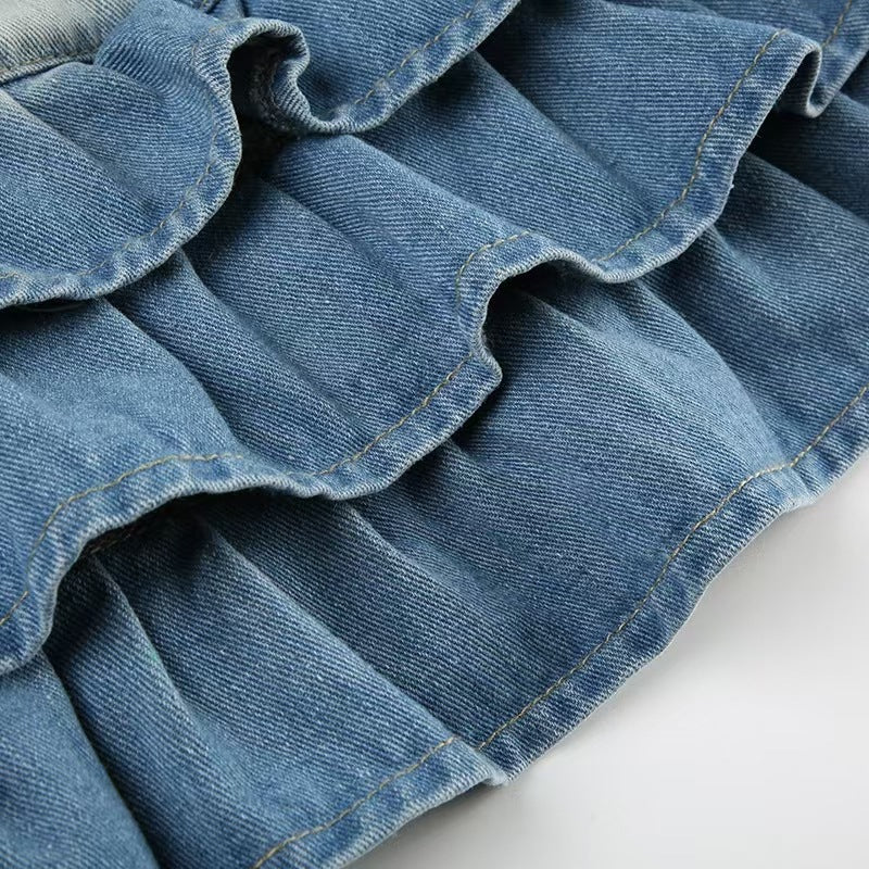 Lace-Up Tiered Denim Skirt