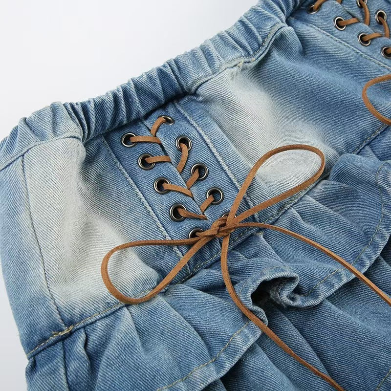 Lace-Up Tiered Denim Skirt