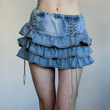 Lace-Up Tiered Denim Skirt