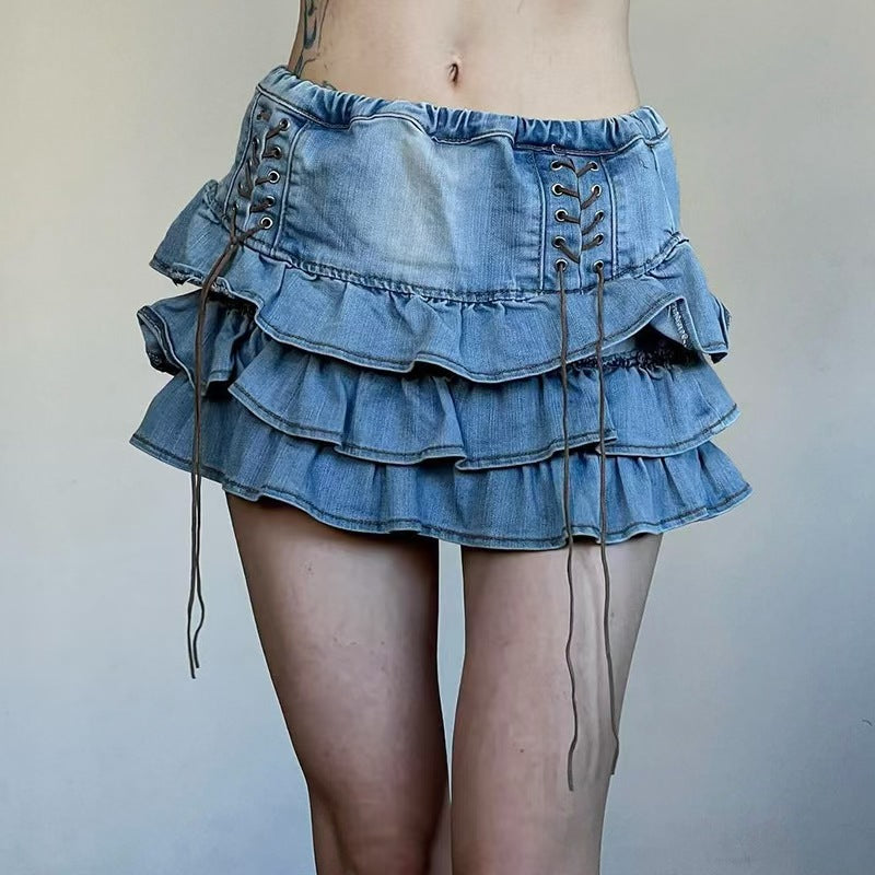 Lace-Up Tiered Denim Skirt