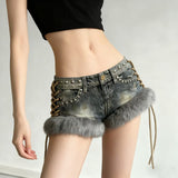 Faux Fur-Trimmed Distressed Shorts
