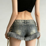 Faux Fur-Trimmed Distressed Shorts