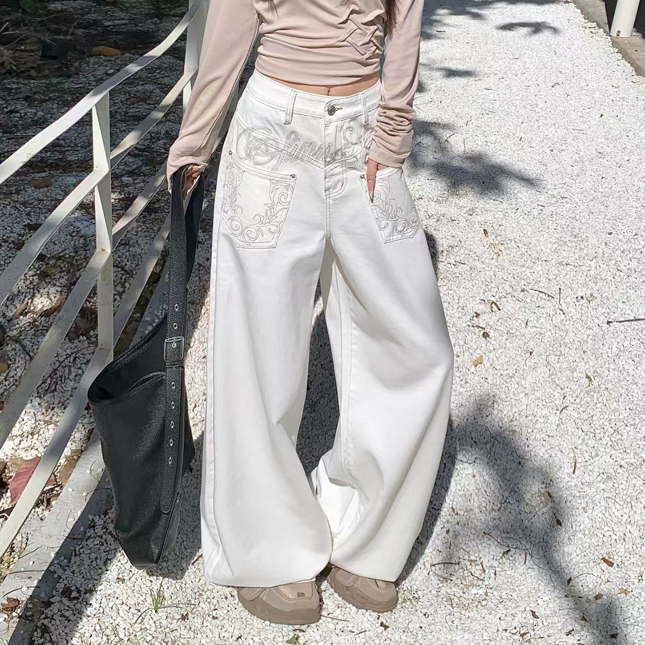 Wide-Leg Embroidered White Jeans