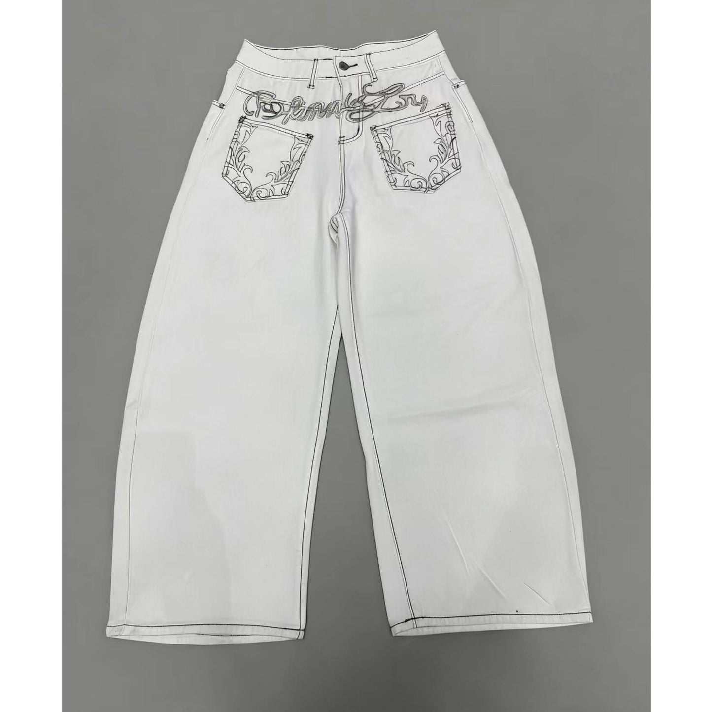 Wide-Leg Embroidered White Jeans
