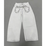 Wide-Leg Embroidered White Jeans