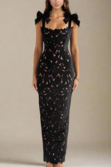 Lace Maxi Dress with Ribbon Shoulder Details