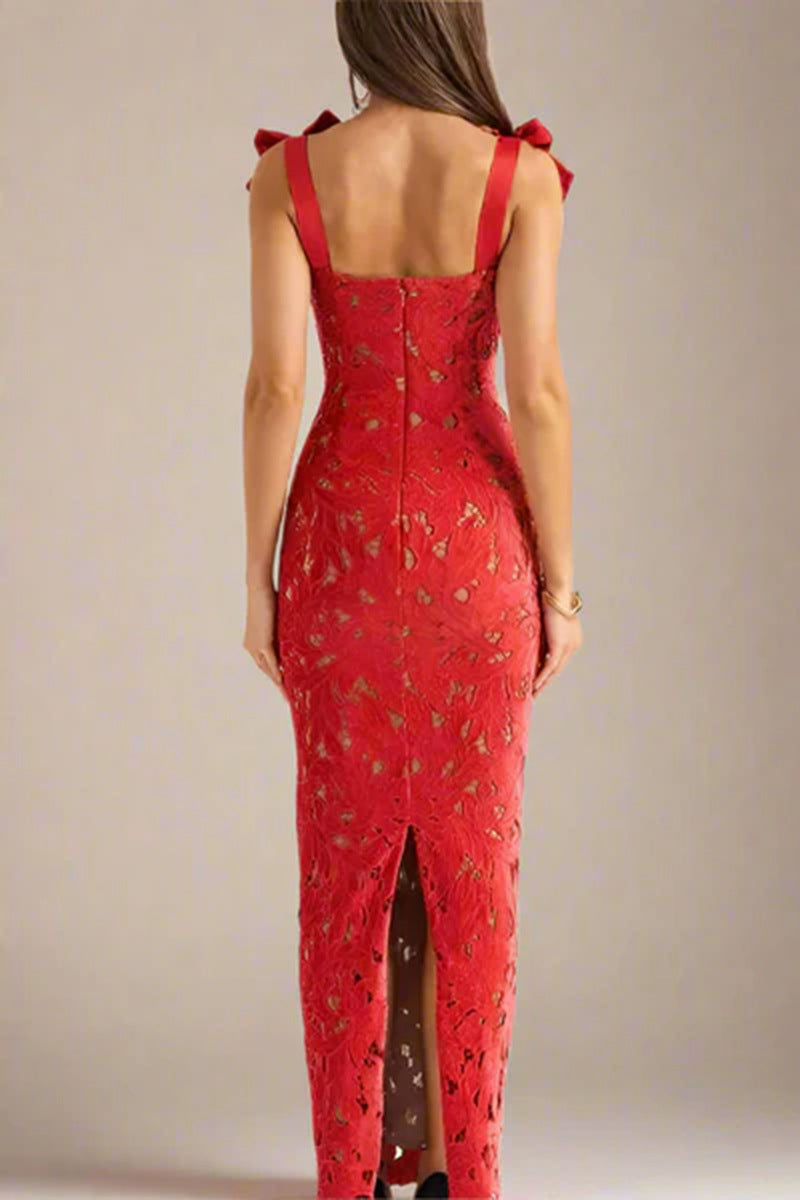 Lace Maxi Dress with Ribbon Shoulder Details