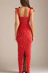 Lace Maxi Dress with Ribbon Shoulder Details