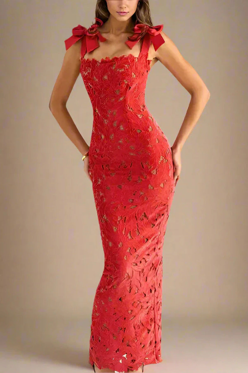Lace Maxi Dress with Ribbon Shoulder Details