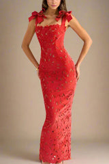 Lace Maxi Dress with Ribbon Shoulder Details